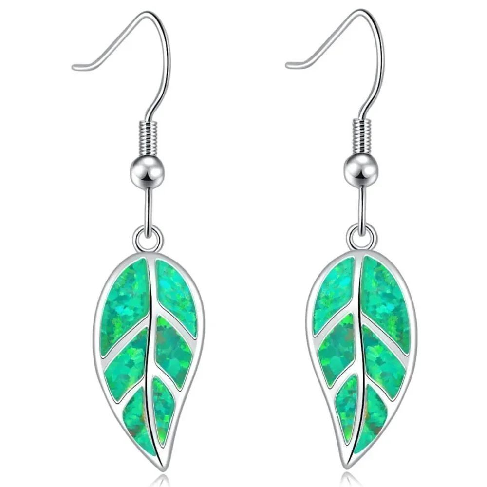 14K White Gold with Genuine Green Fire Opal Leaf Shape Dangling Hook Earrings